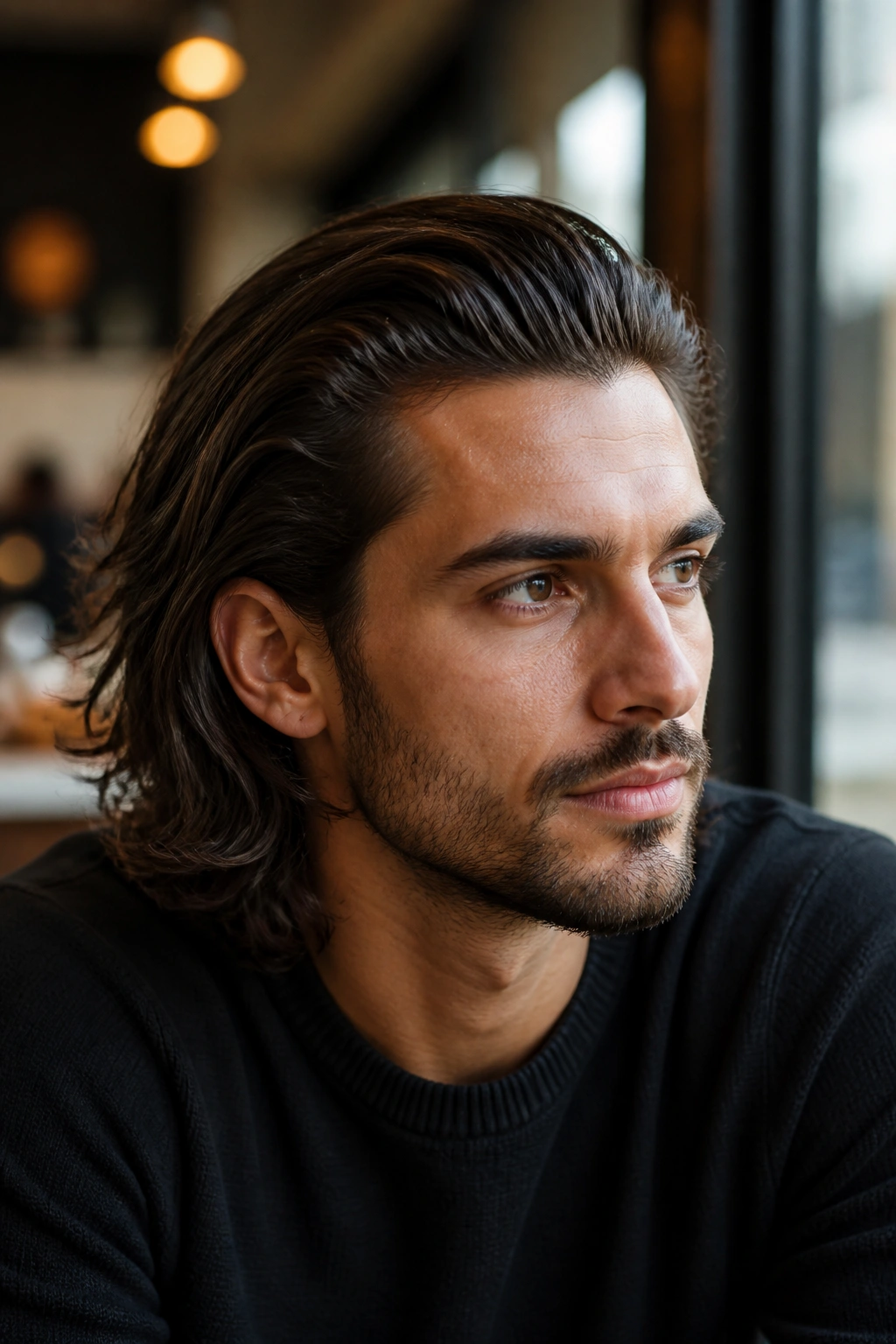 Close-up portrait of a man with slicked-back long layers, natural light