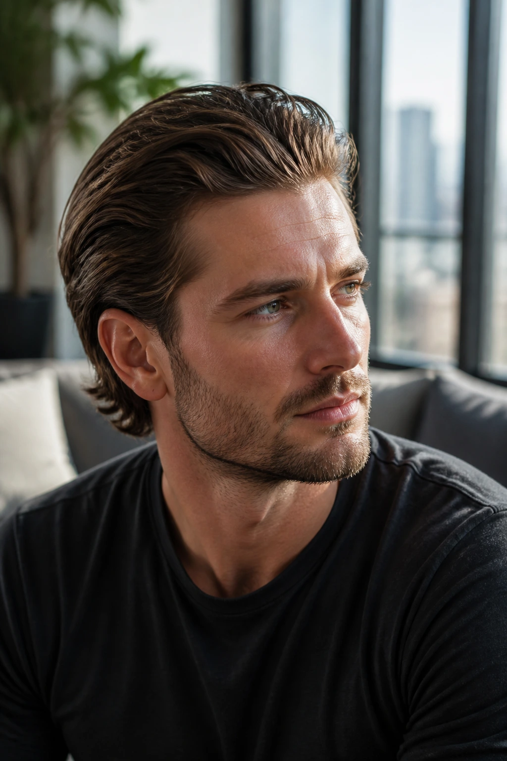 Close-up portrait of a man with a slicked-back medium cut, top brushed back, tapered sides, natural window light