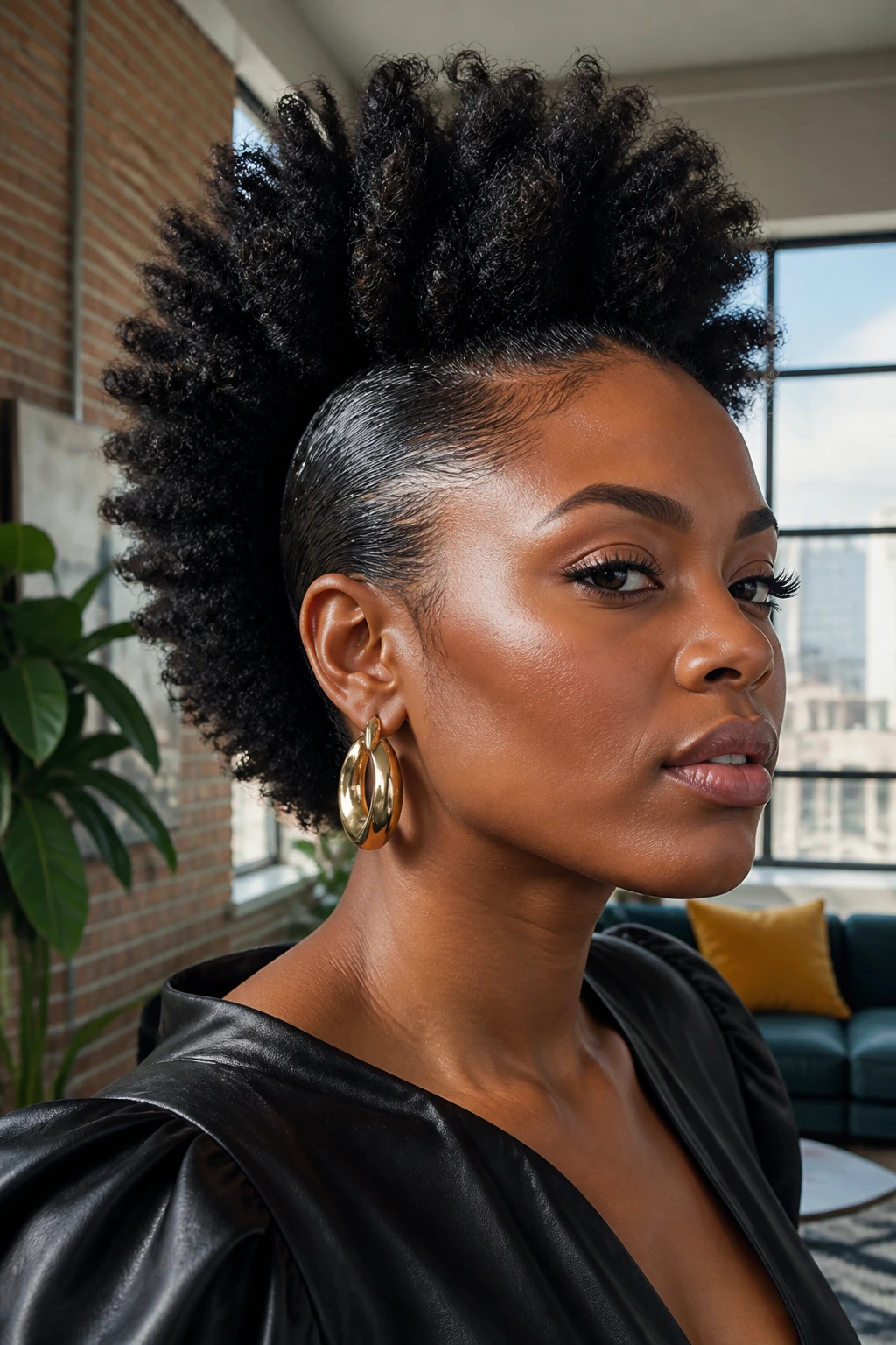 Close-up portrait of a real Black woman with slicked-back sides and a bold Mohawk center