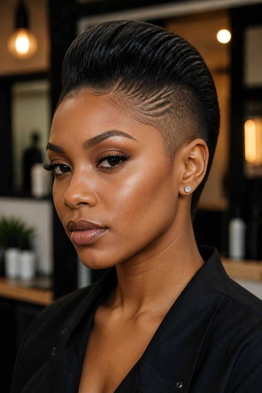 Close-up of a real woman with a glossy slicked-back mohawk in a modern salon.