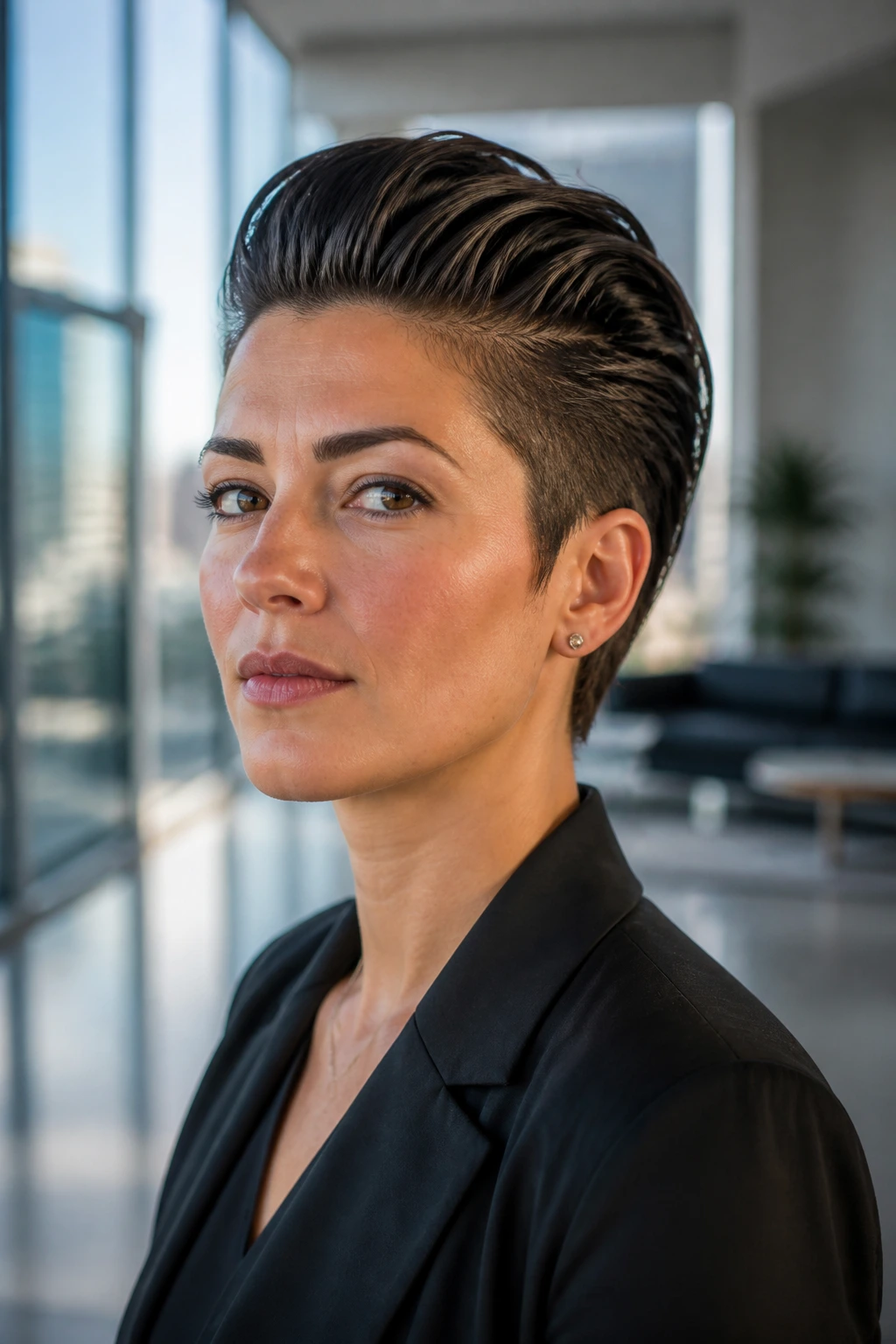 Portrait of a real person with a slicked-back side-part mohawk in an office setting.
