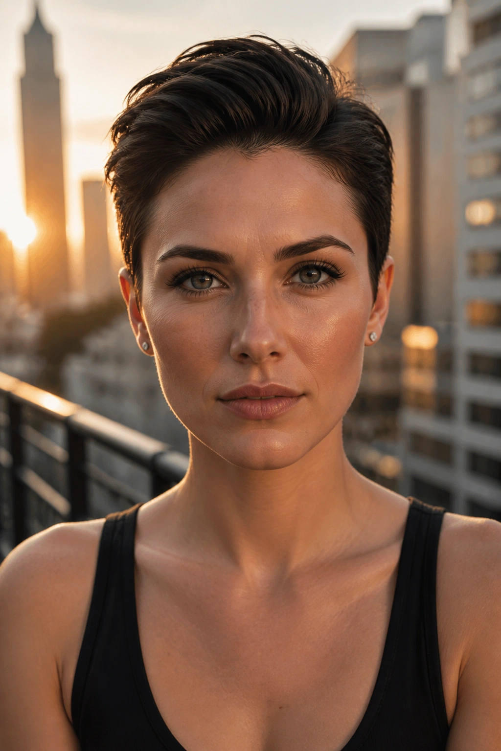 Front portrait of a real woman with a slicked-back pixie on a golden hour balcony