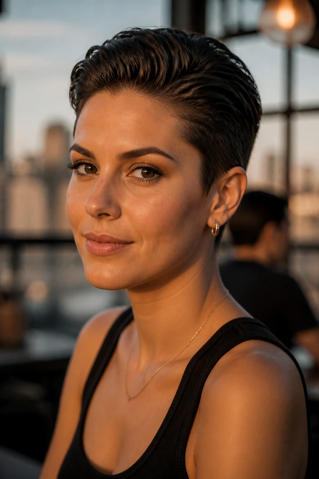 Close-up of a real woman with slicked-back pixie under golden hour light