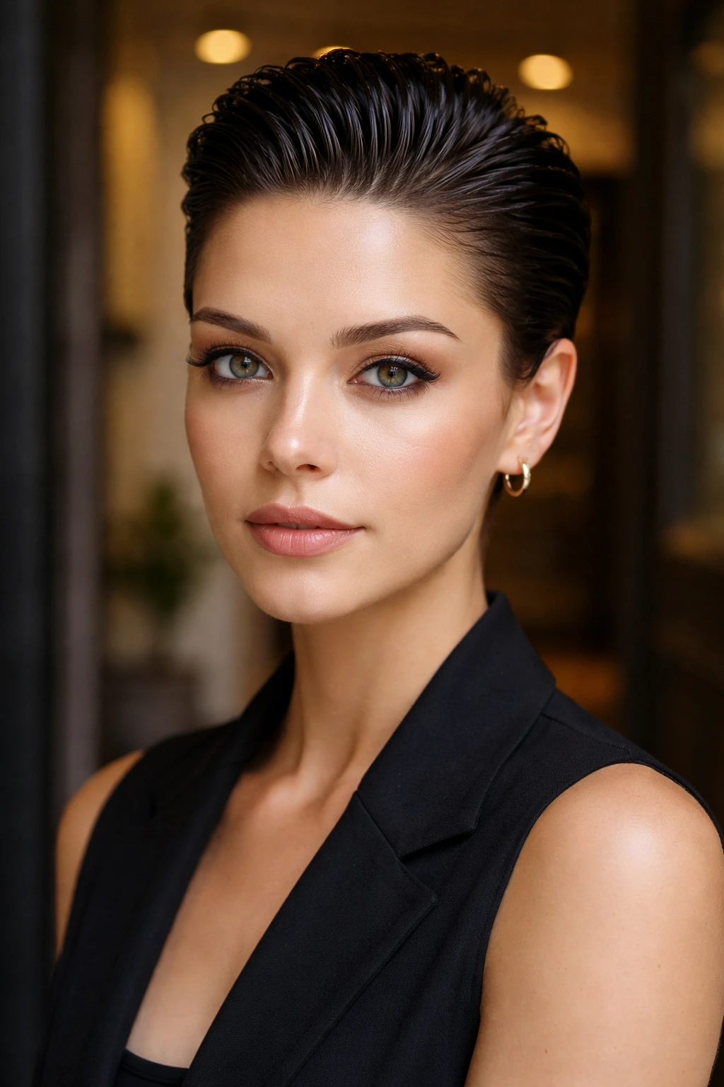 Portrait of a person with slicked-back pixie and glossy finish.