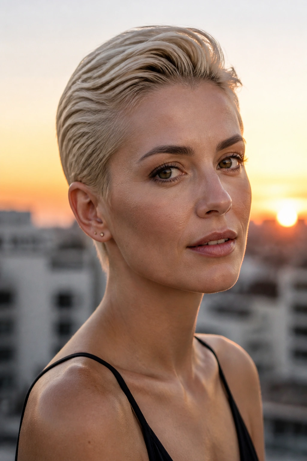 Close-up portrait of a real woman with slicked-back blonde pixie and glossy finish