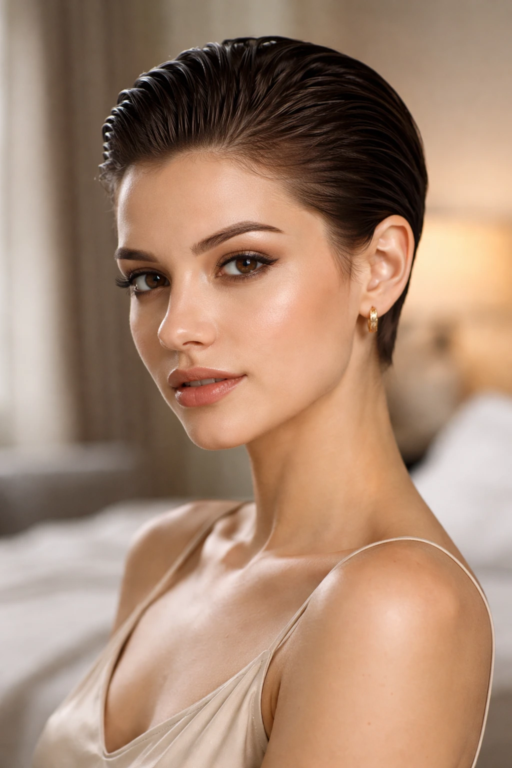 Close-up of brunette with slicked-back wet look pixie