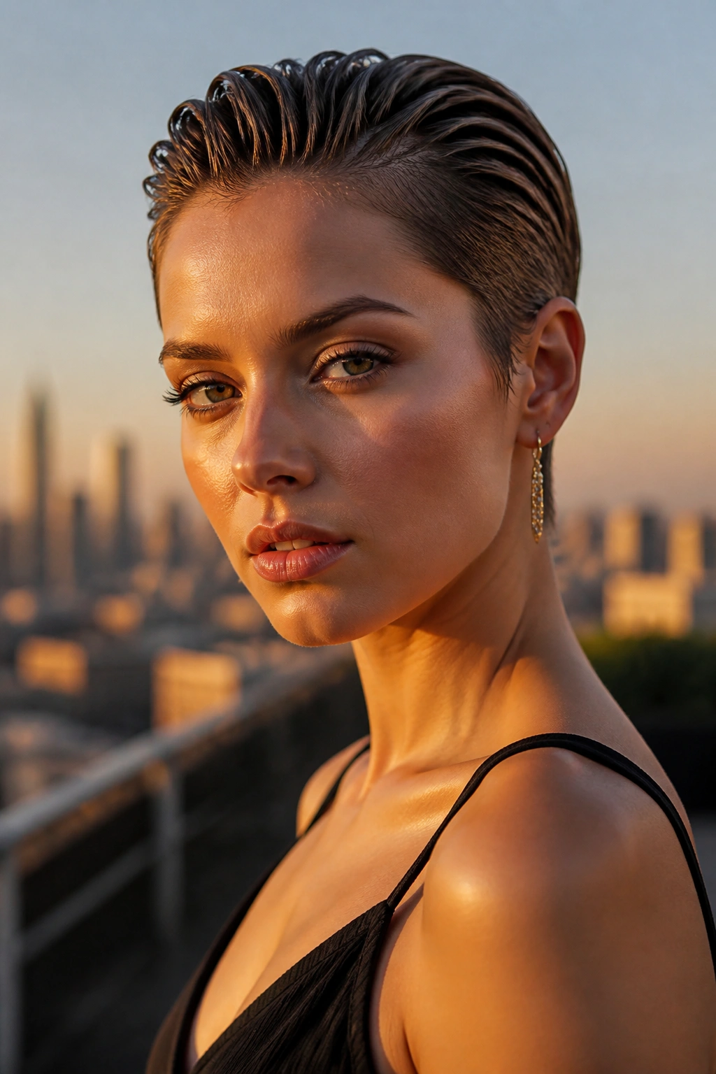 Real woman with a slicked-back pixie hairstyle
