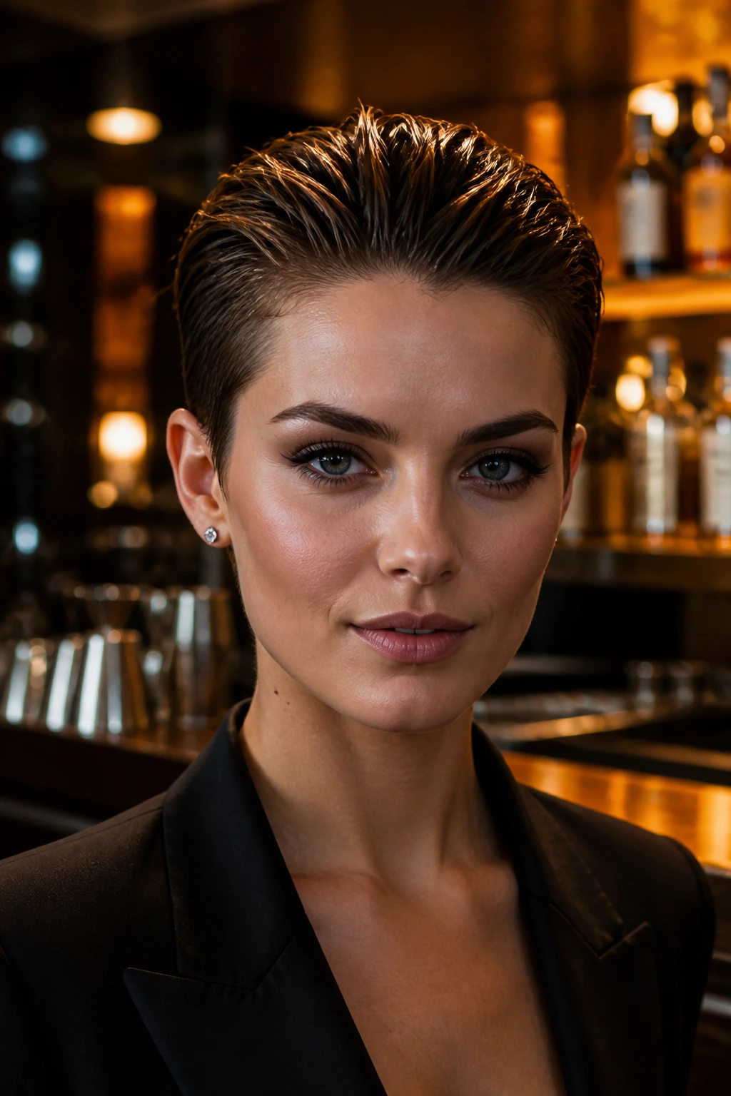 Close-up portrait of a woman with Slicked-Back Pixie hairstyle under bar lighting