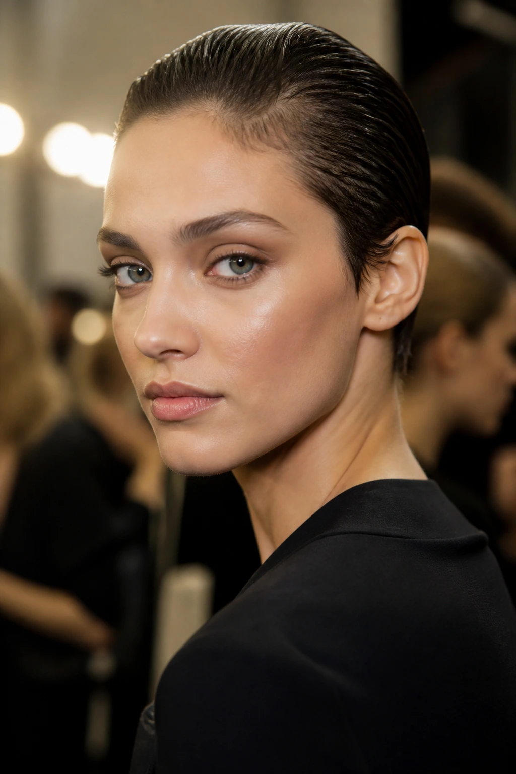 Close-up portrait of a real woman with a slicked-back pixie hairstyle