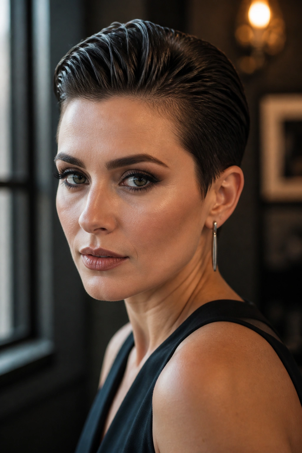 Close-up of a real woman with a slicked-back pixie and exposed forehead