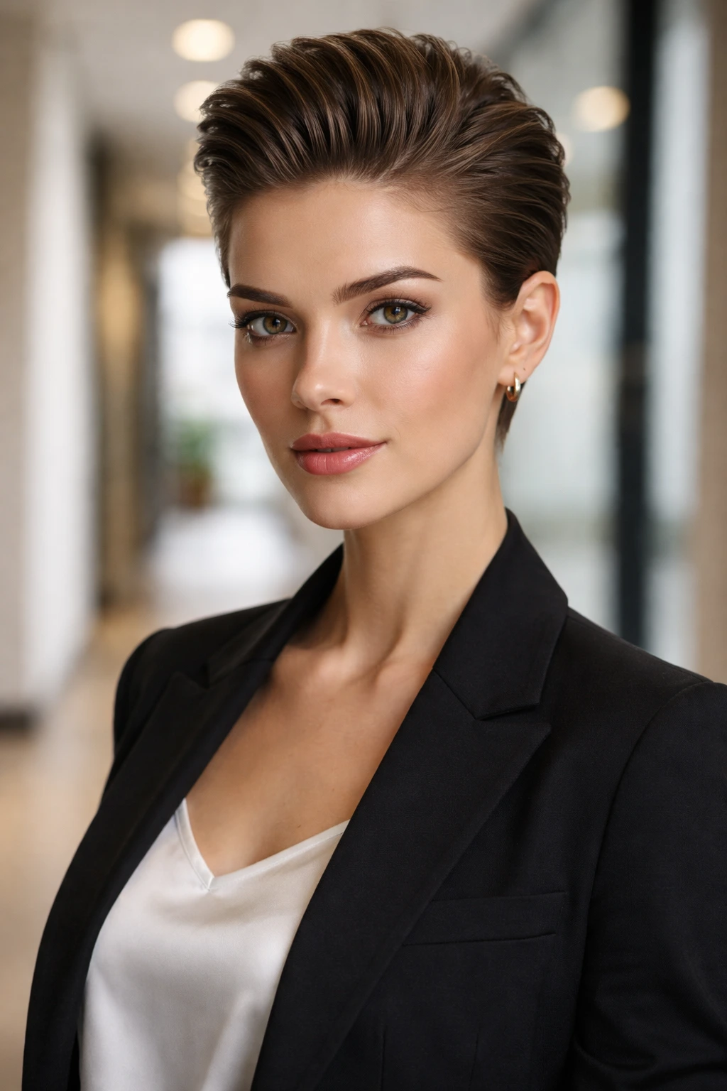 Portrait of a person with slicked-back pixie hairstyle in office