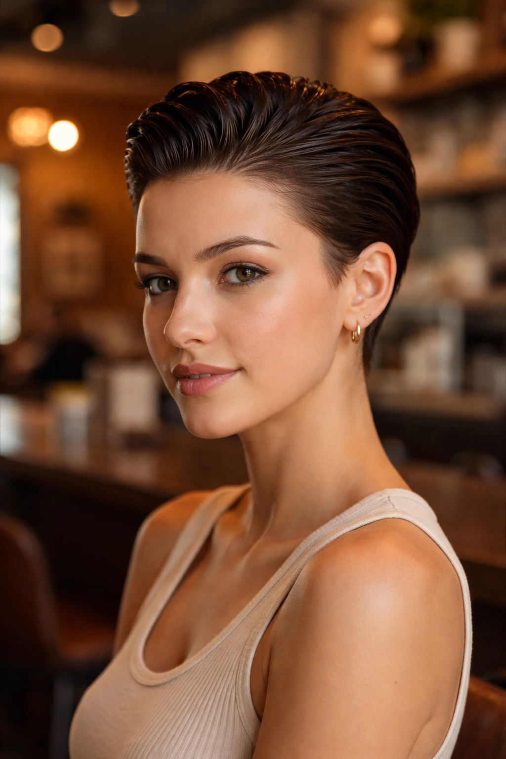 Close-up portrait of a girl with slicked-back pixie and glossy finish