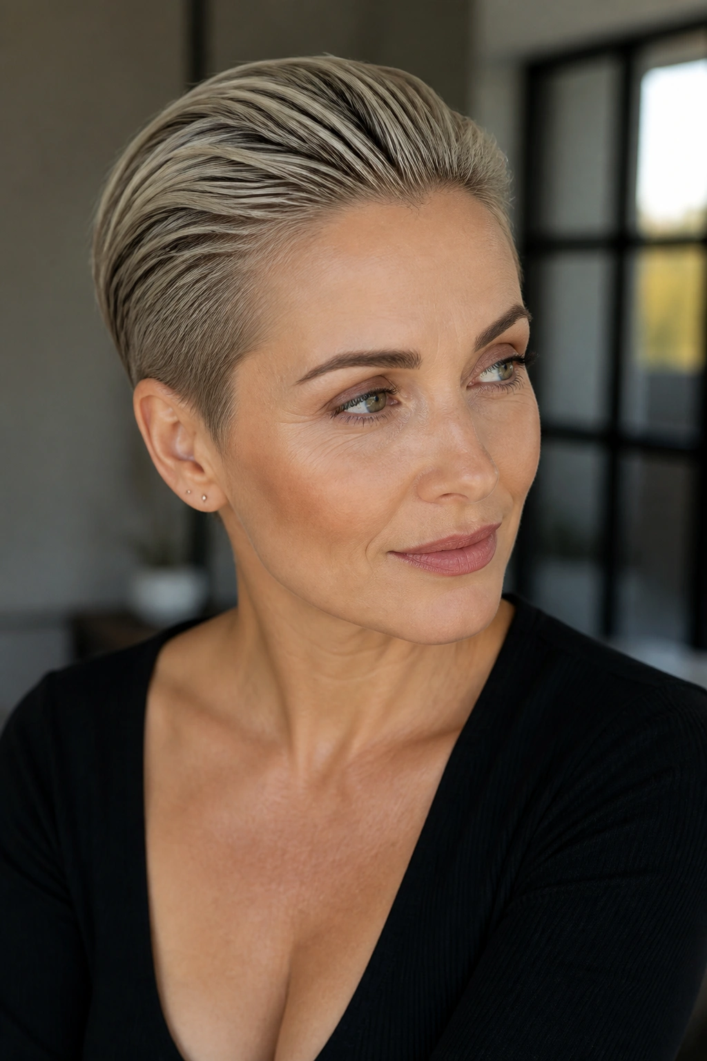 Close-up of a real woman with a slicked-back pixie hairstyle.