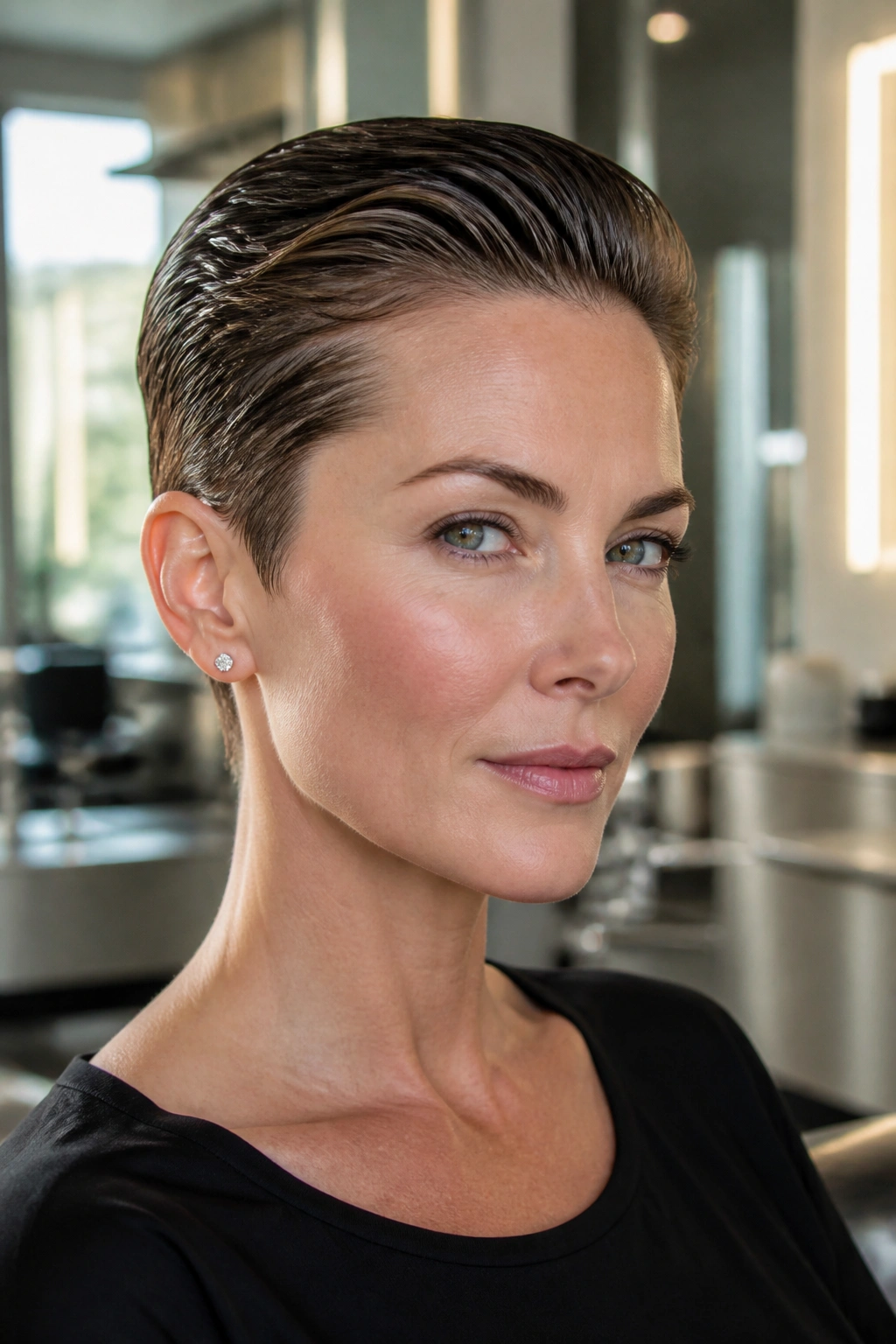 Close-up portrait of woman with slicked-back pixie and glassy shine