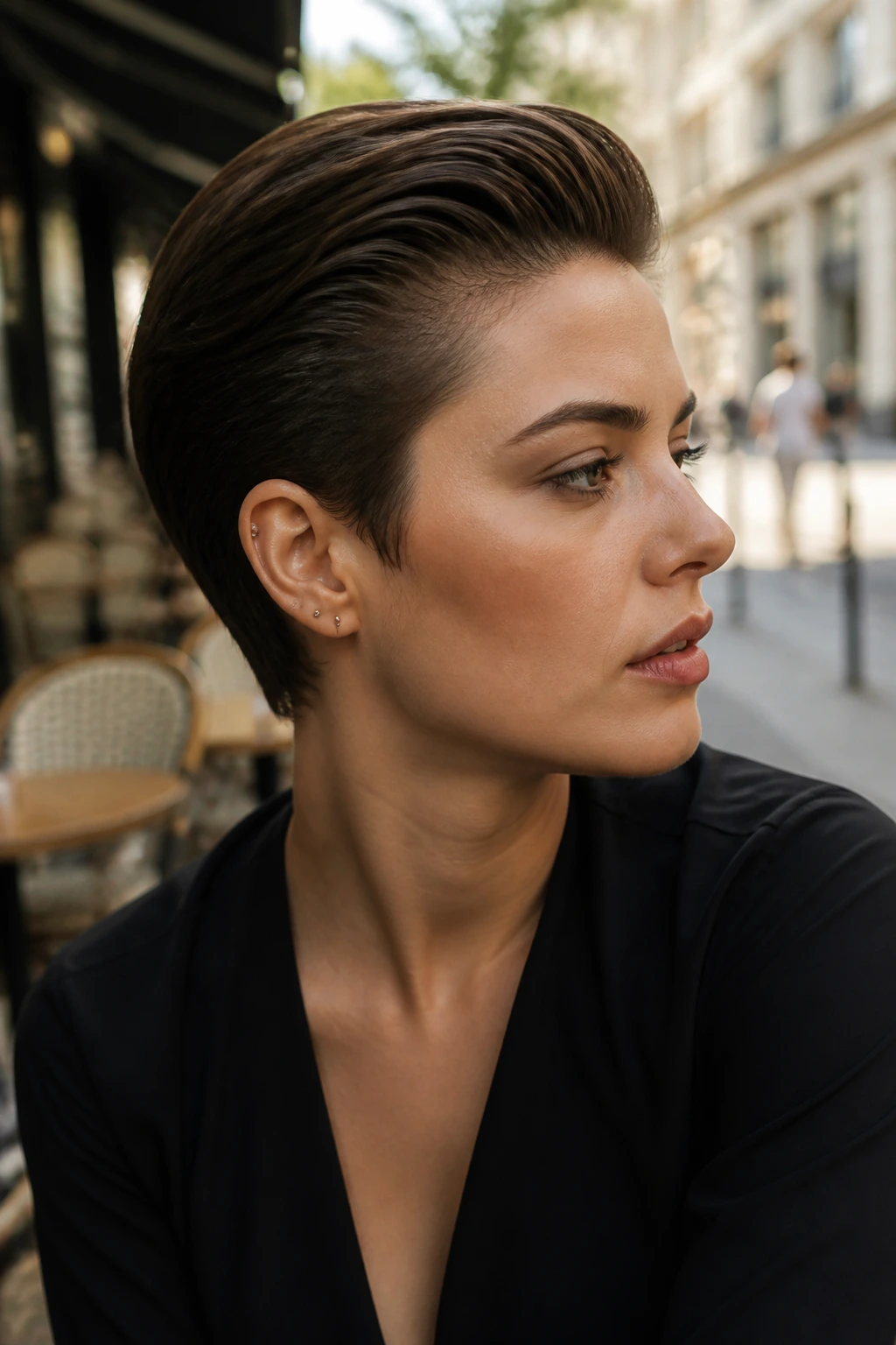 Close-up portrait of a real woman with slicked-back pixie and glossy finish