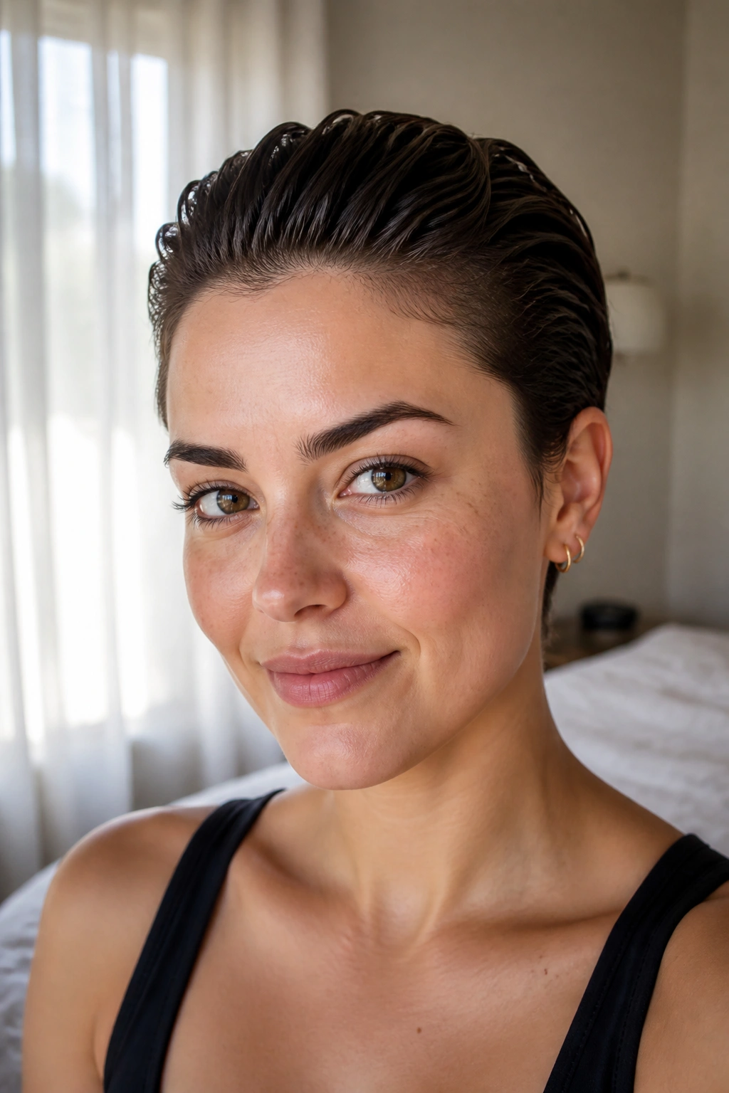 Close-up portrait of a real woman with a slicked-back pixie hairstyle highlighting cheekbones and eyes