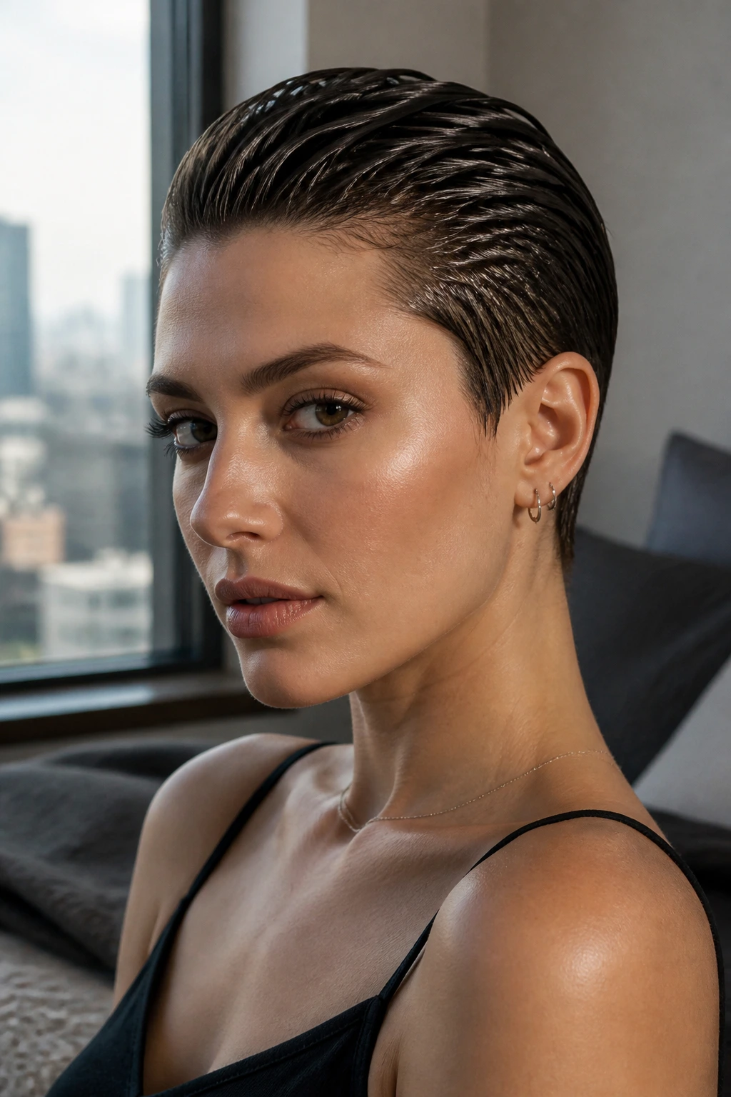 Close-up of a real woman with slicked-back wet-look pixie under window light