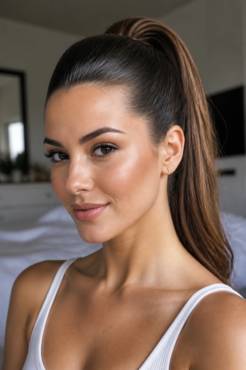 Close-up portrait of a woman with a slicked-back high ponytail lifting the crown, natural window light.