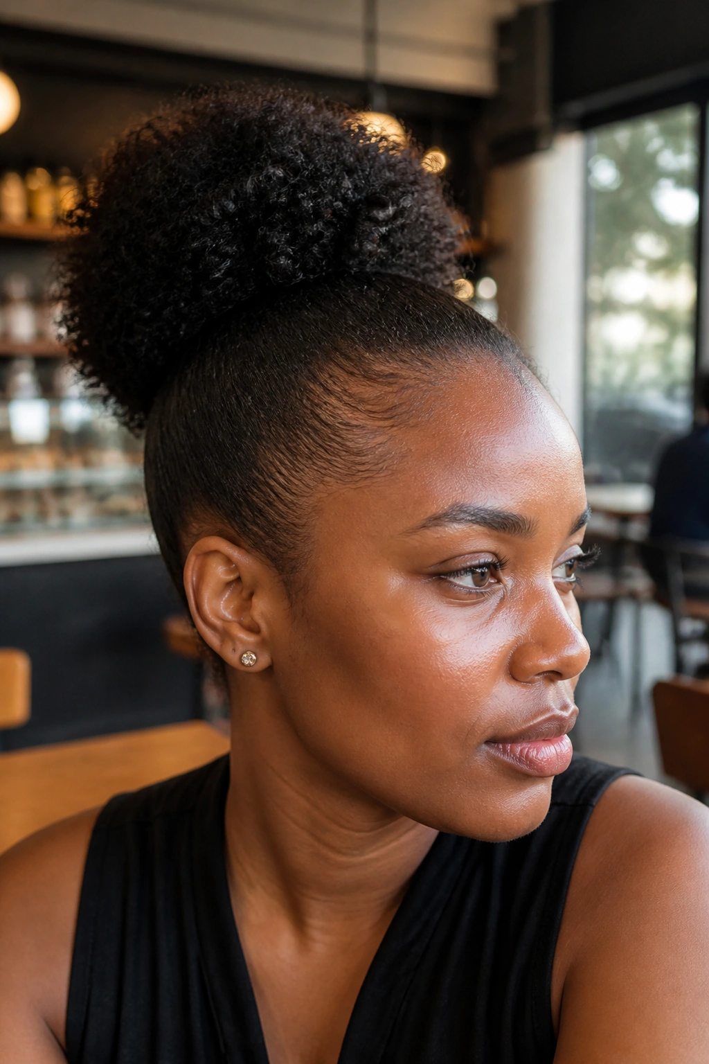 Close-up of slicked-back puff hairstyle on a real person