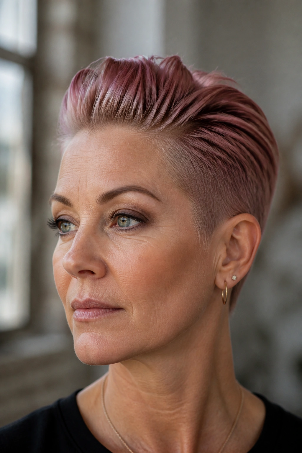 Close-up portrait of a real woman with a slicked-back rose pixie and a light crown highlight.