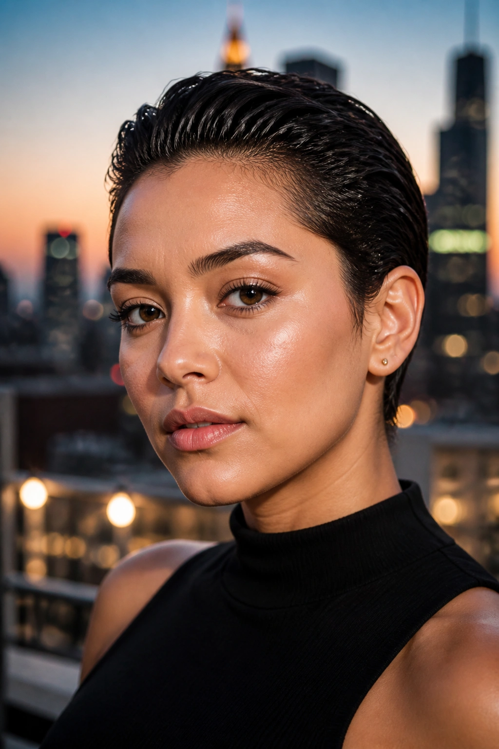 Portrait of a person with slicked-back short cut and glossy finish.