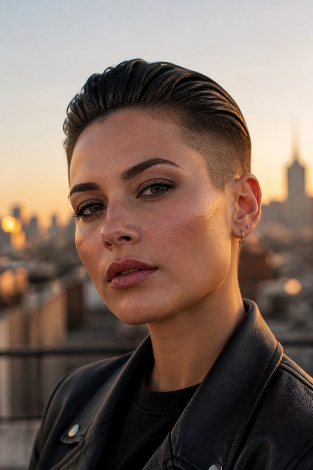 Portrait of a real person with a slicked-back short cut and glossy top.