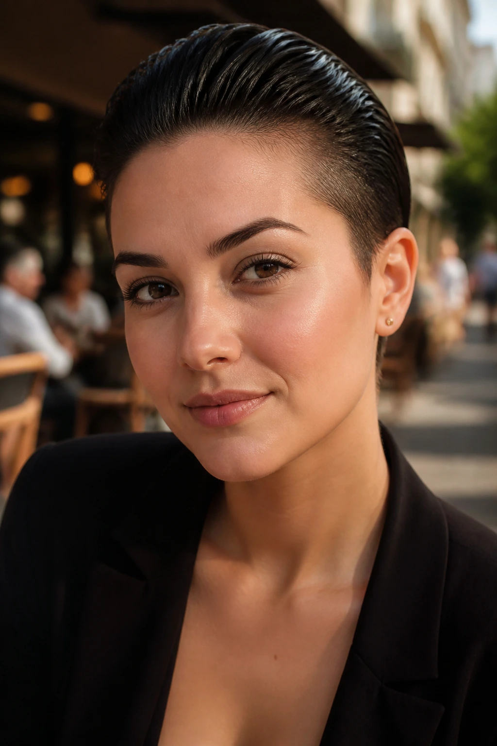 Close-up of a real person with slicked-back short hair highlighting bone structure