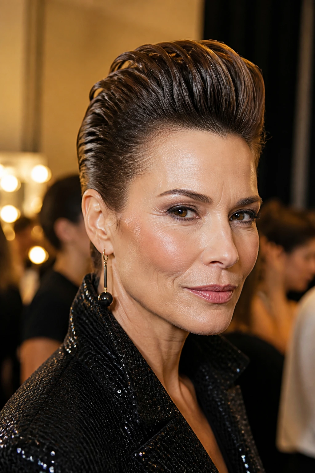 Close-up of a woman with a glossy slicked-back faux hawk in a backstage environment.