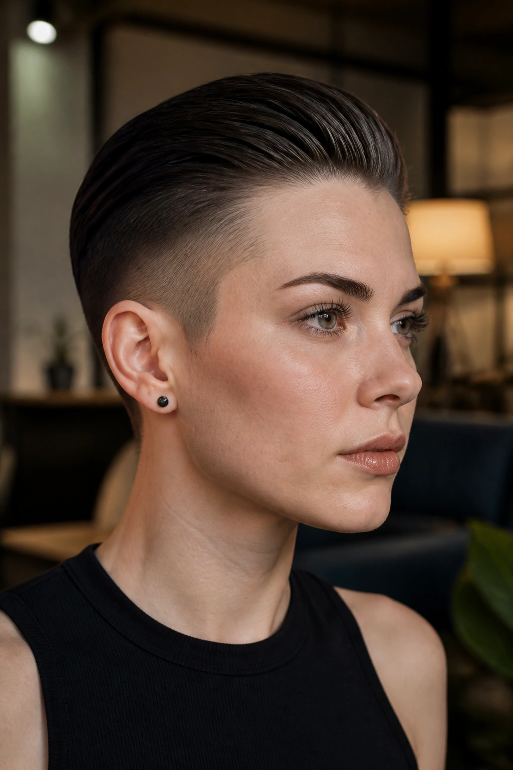 Close-up portrait of a woman with a slicked-back undercut crop