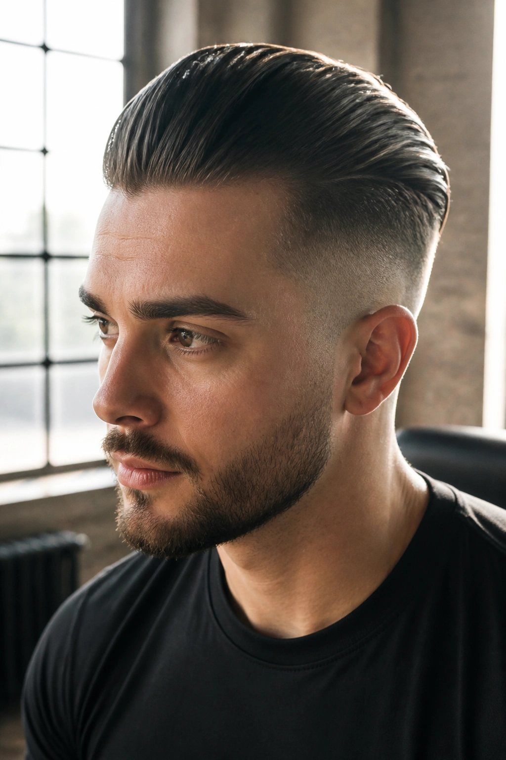 Close-up portrait of a man with a slicked-back undercut and shiny top