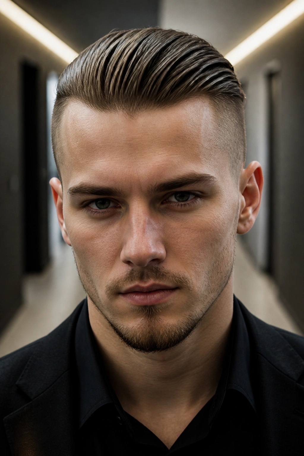 Portrait of a person with a slicked-back undercut in an urban interior