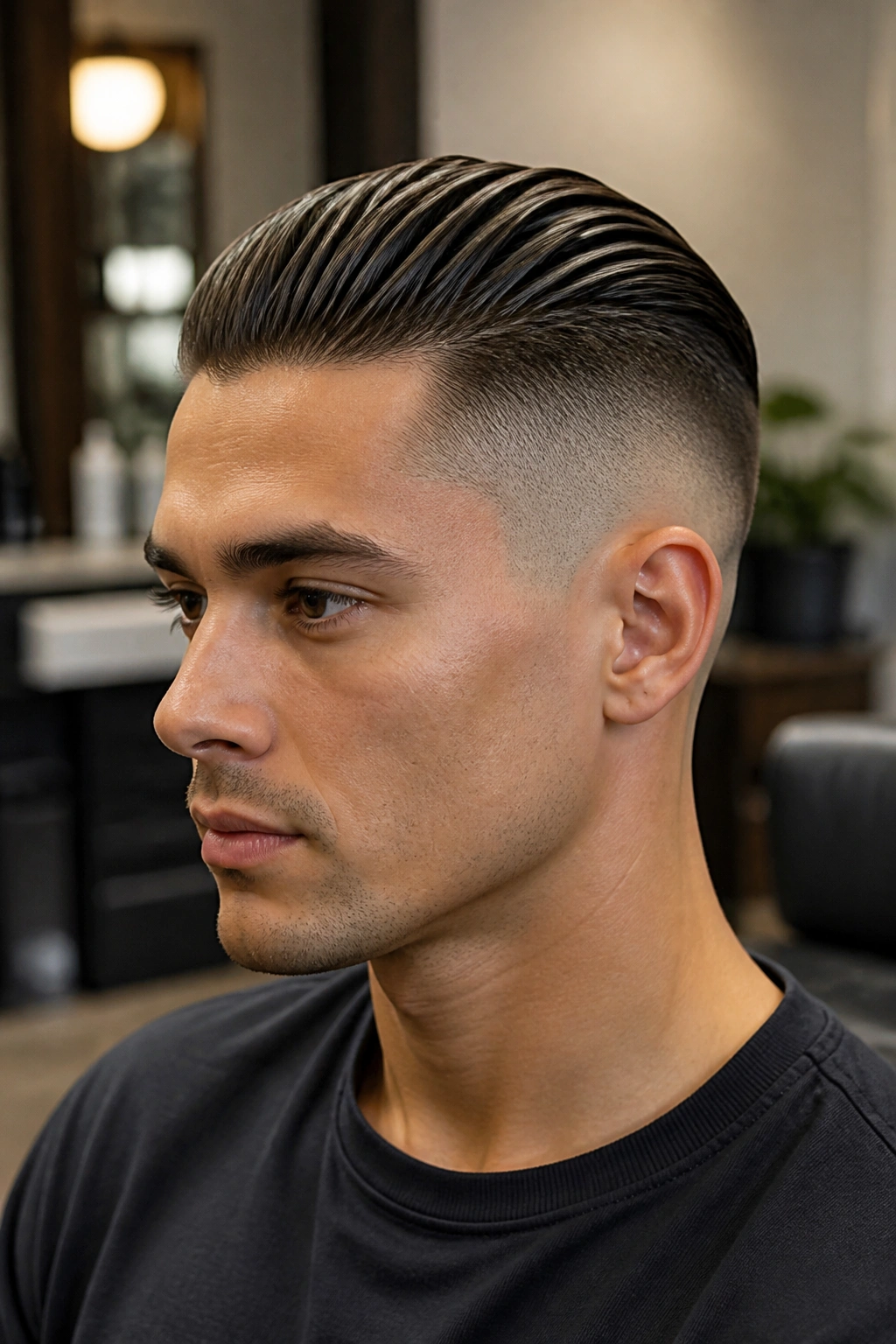 Close-up portrait of a man with slicked-back undercut, 2 inch top, in a modern salon.