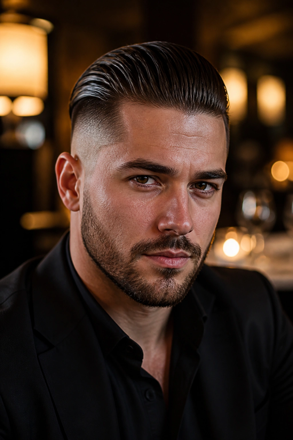 Close-up portrait of a man with a slicked-back undercut in a lounge setting