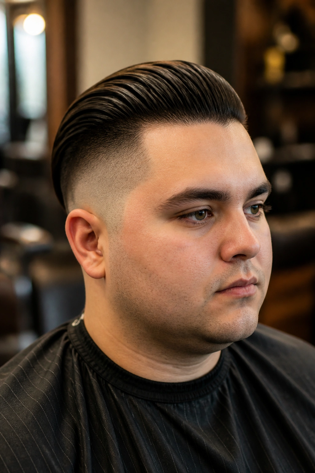Close-up of a man with slicked-back long undercut in a modern barber shop.