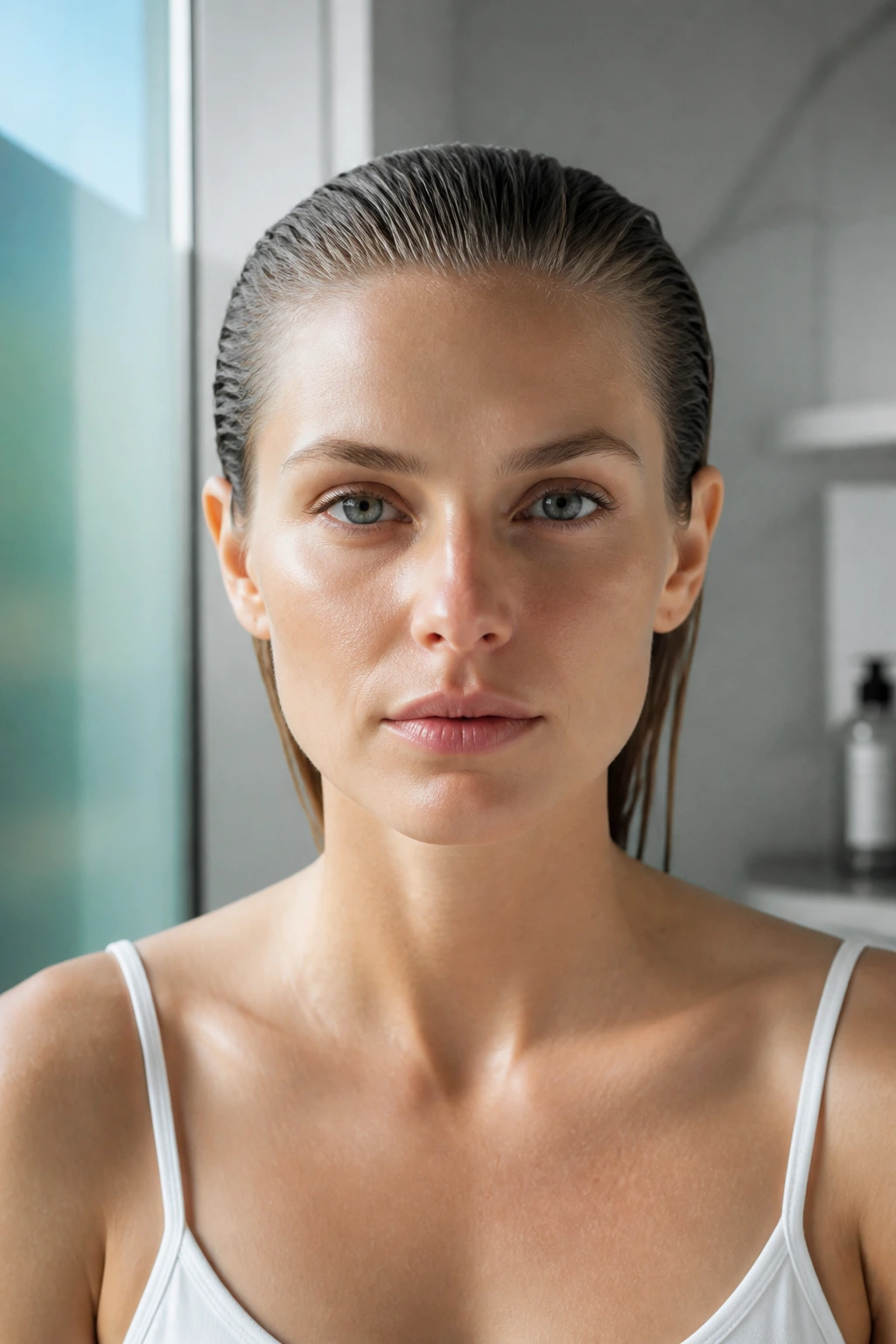 Frontal portrait of a real person with a slicked-back glossy wet-look hairstyle.