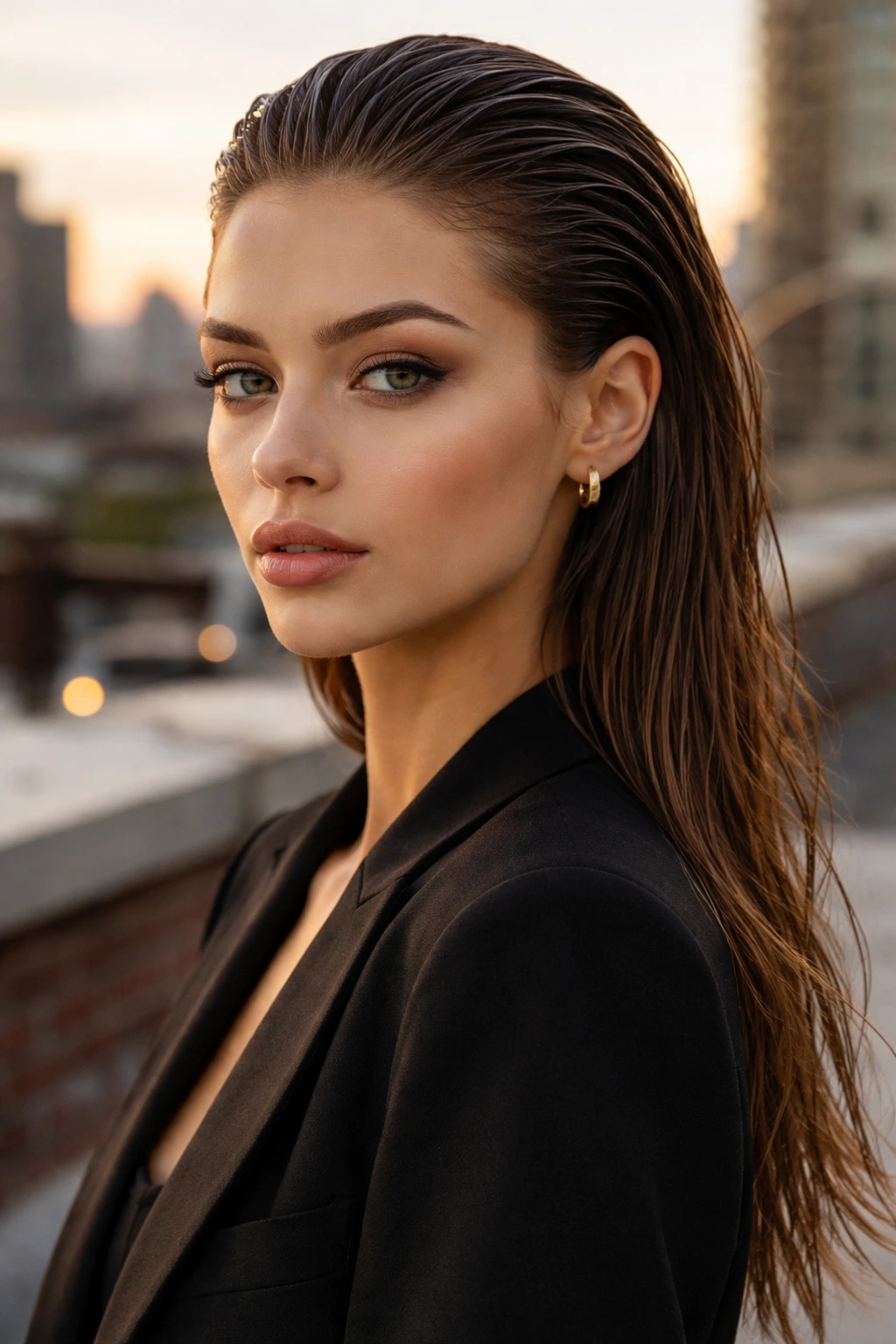 Close-up of a real person with a slicked-back wet look hairstyle