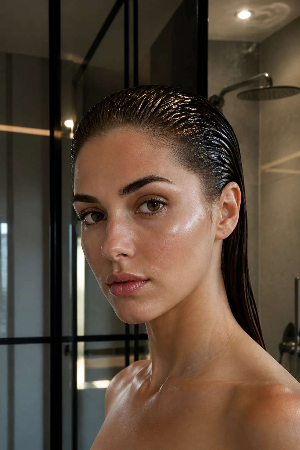 Close-up portrait of real person with slicked-back wet look hairstyle