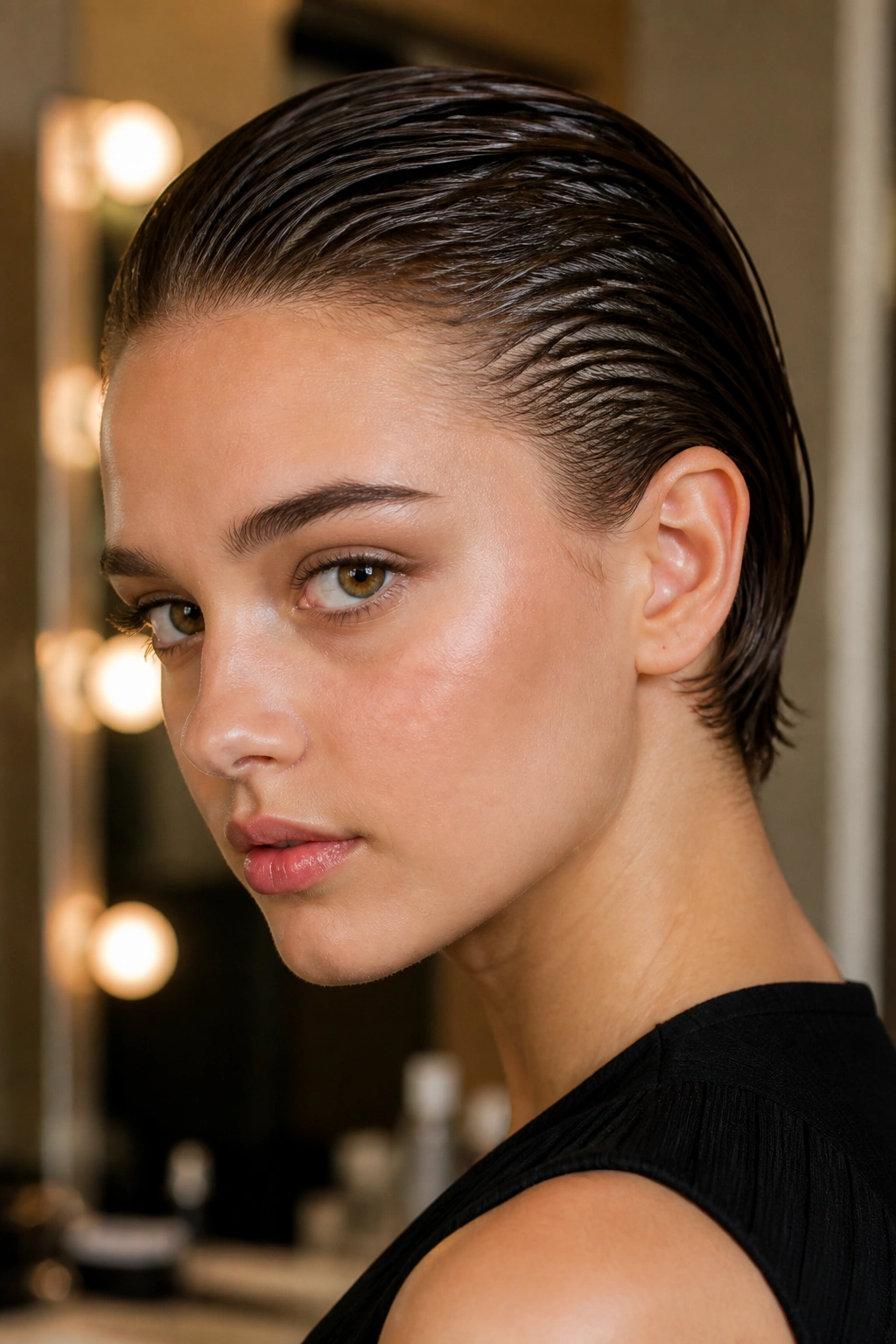 Close-up of a girl with a slicked-back wet look hairstyle.