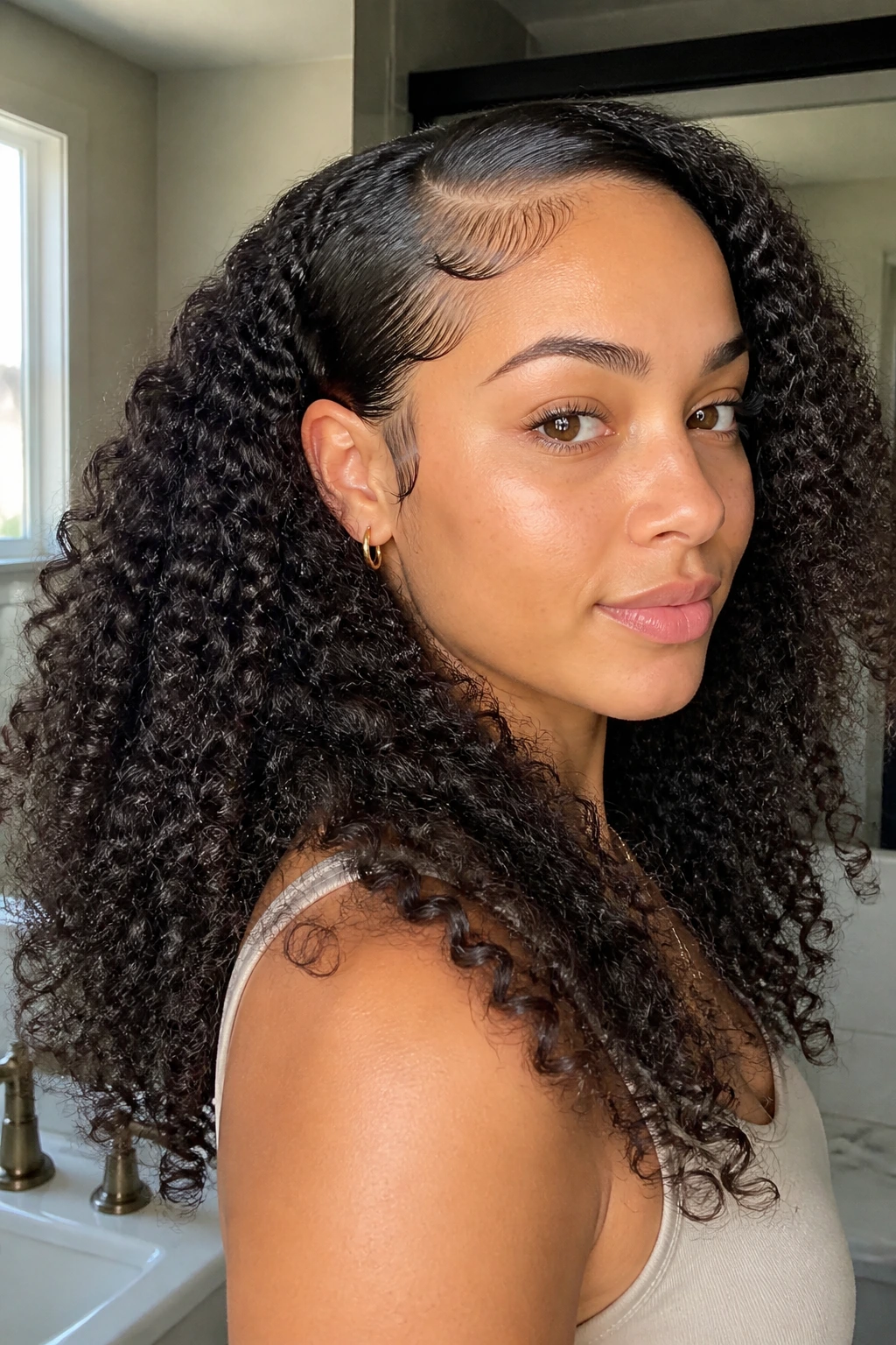 Close-up of a real woman with slicked edges and fluffy length