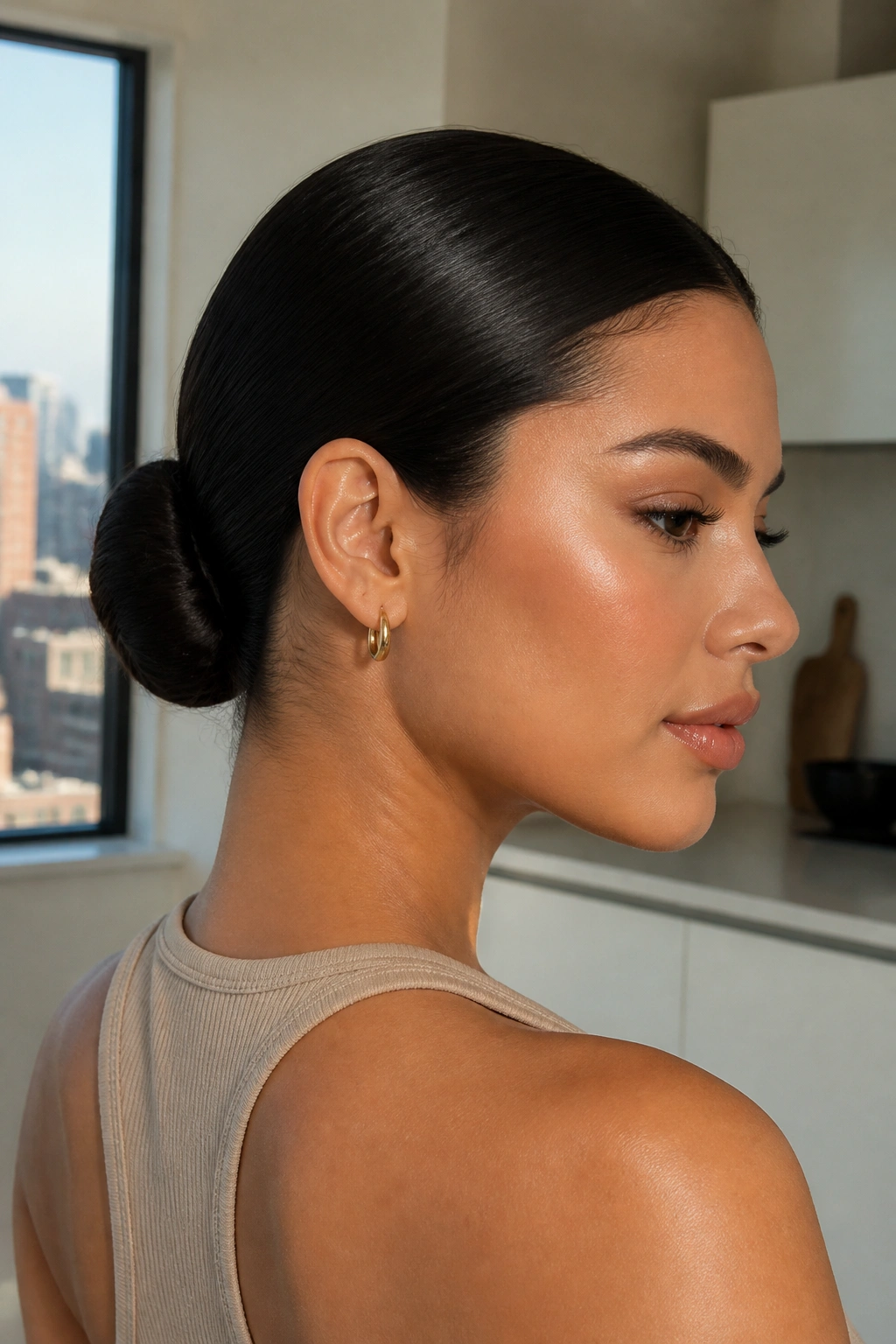 Portrait of a woman with a glossy slicked low bun at the nape.