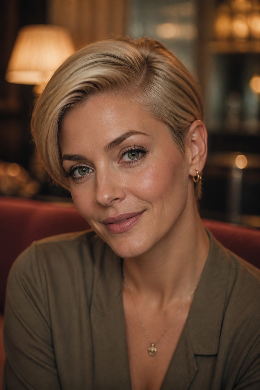 Close-up of a real woman with slicked-over blonde pixie hairstyle.