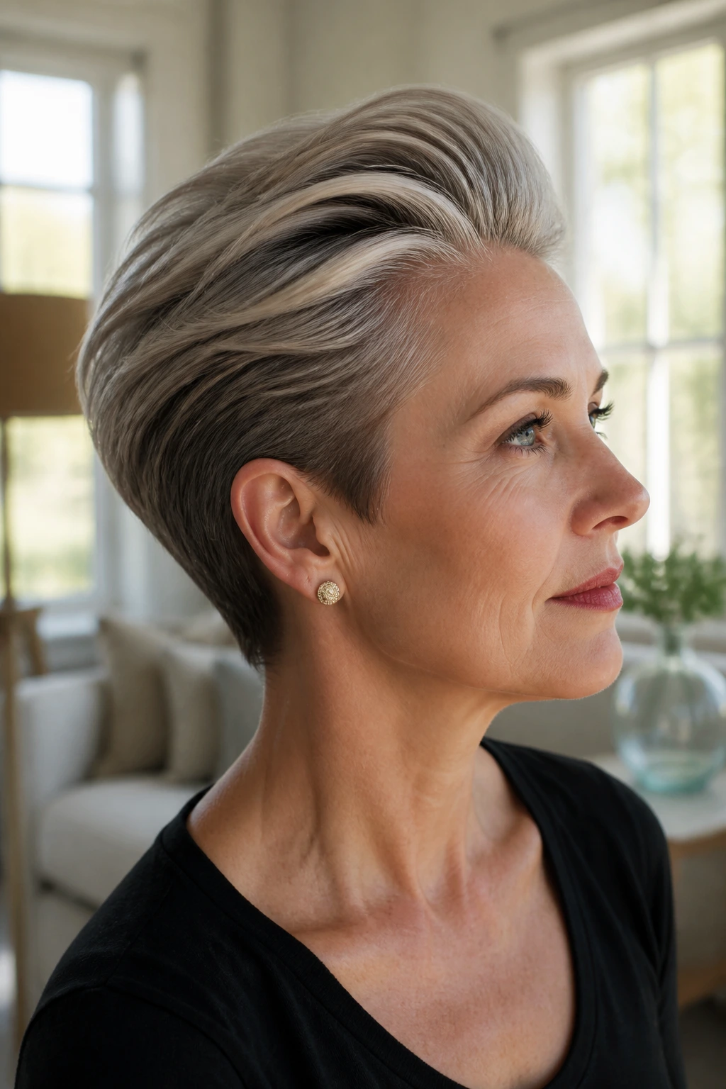 Close-up of slicked-back pixie for fine hair on a real woman in a bright living room