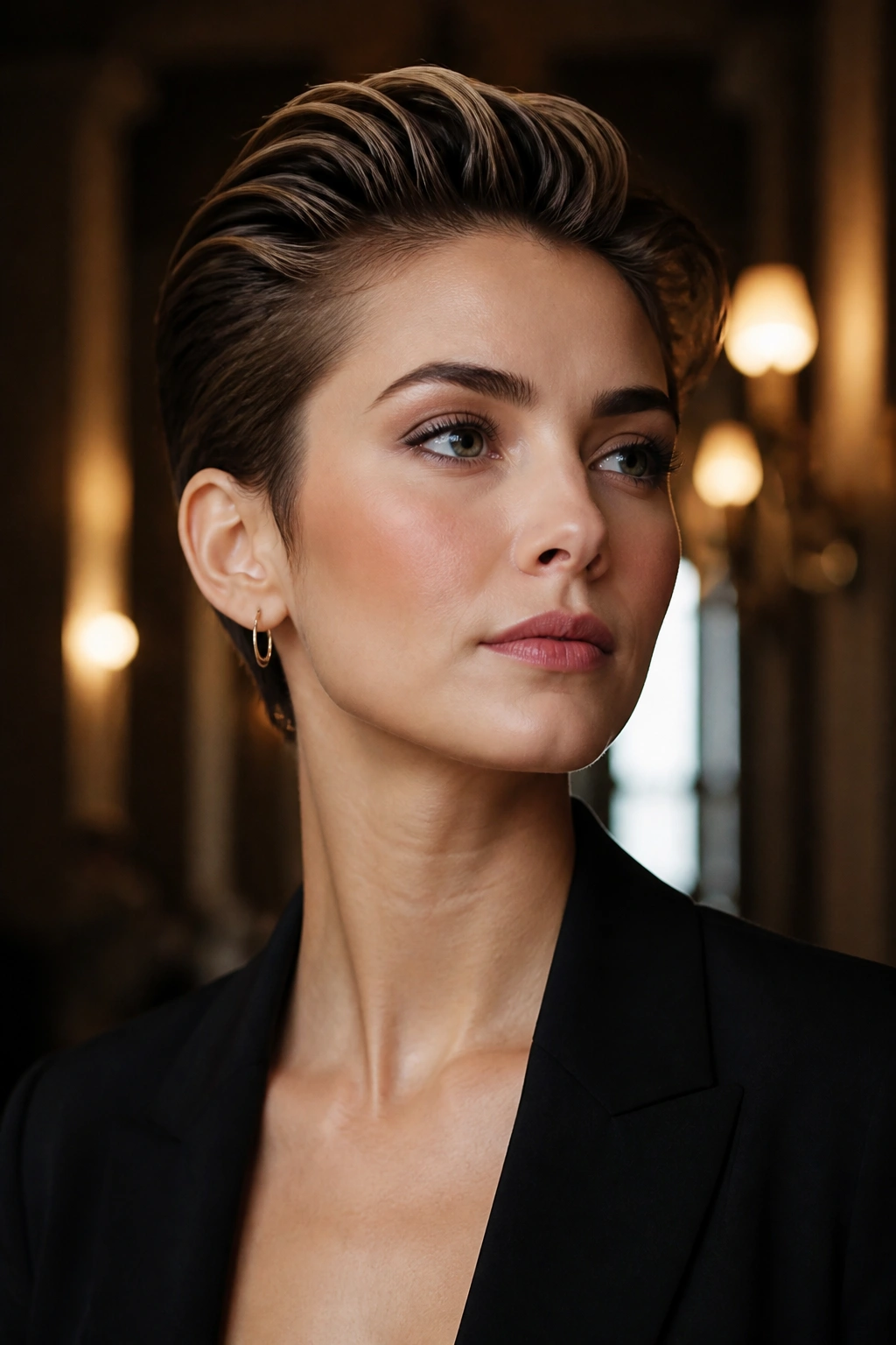 Close-up portrait of a real person with slicked-back pixie hairstyle