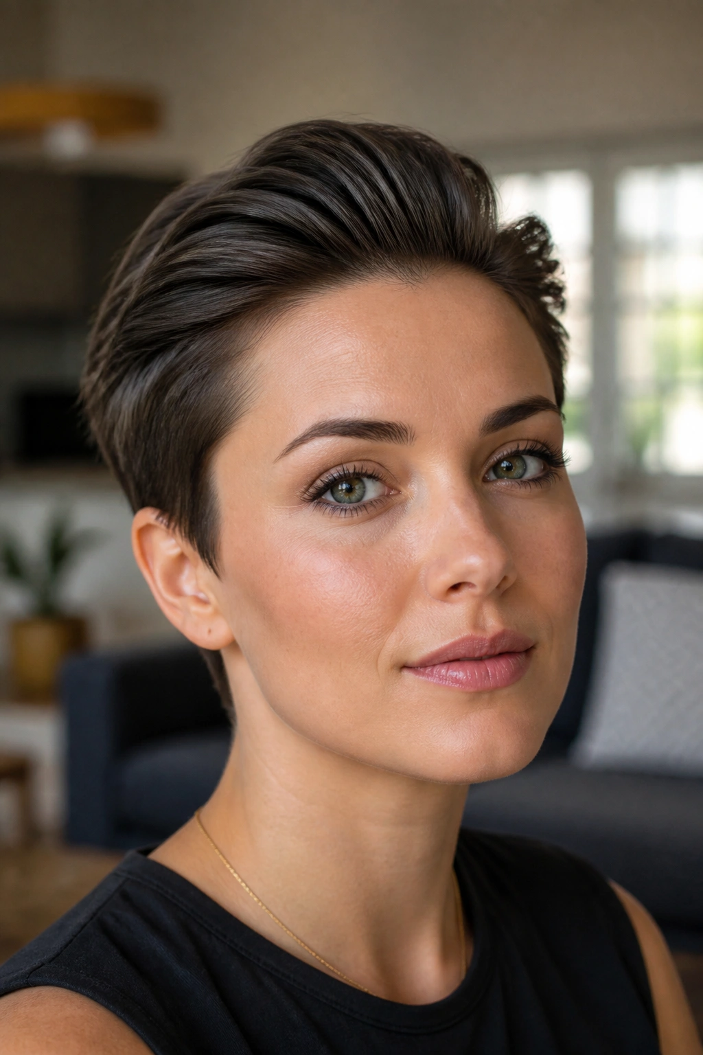 Close-up of a real person with a slicked-back matte pixie hairstyle in a soft indoor setting