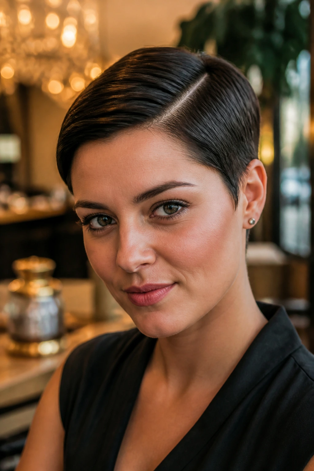 Close-up portrait of a real woman with a slicked side-part pixie.