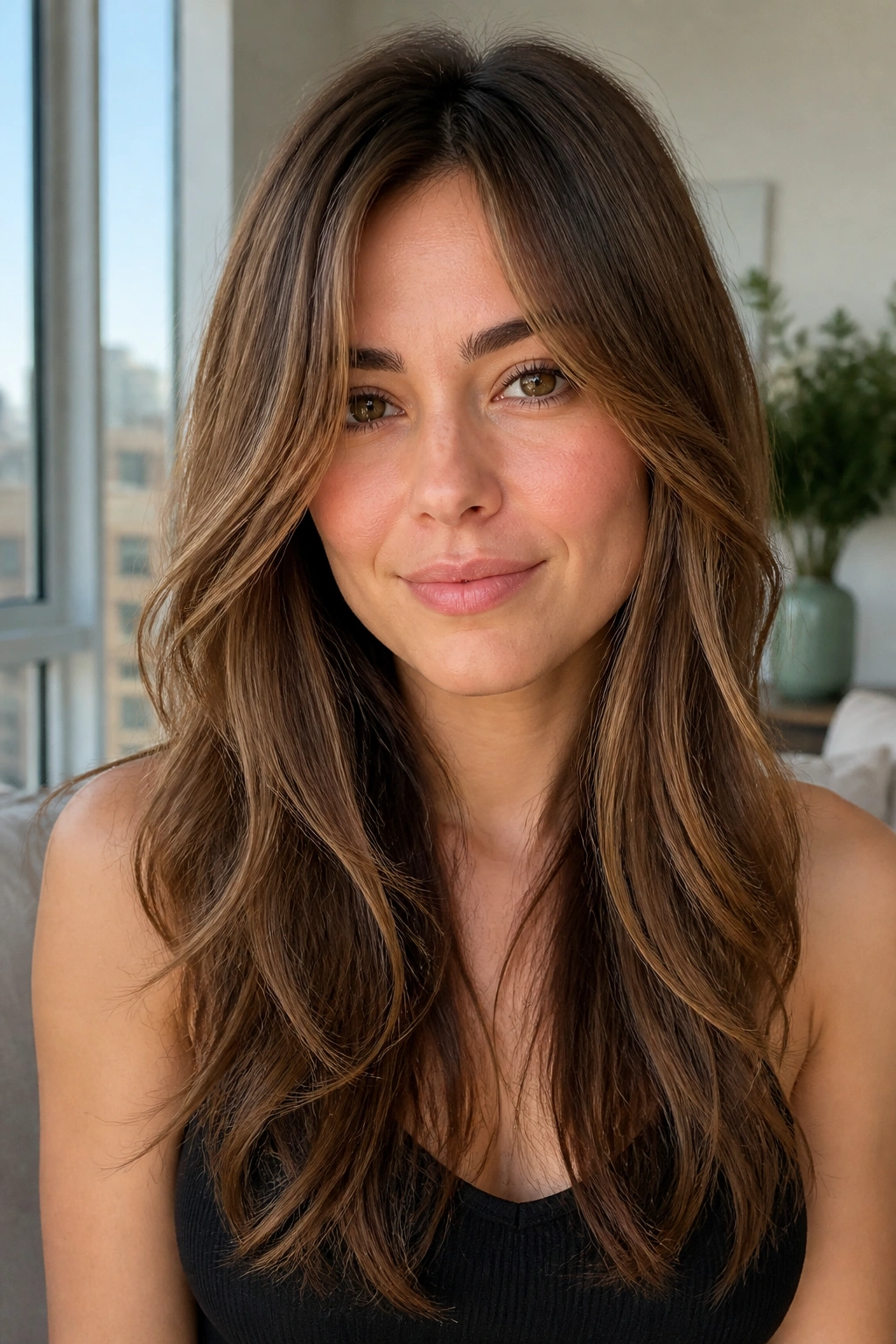 Real woman with slight A-line long layers.