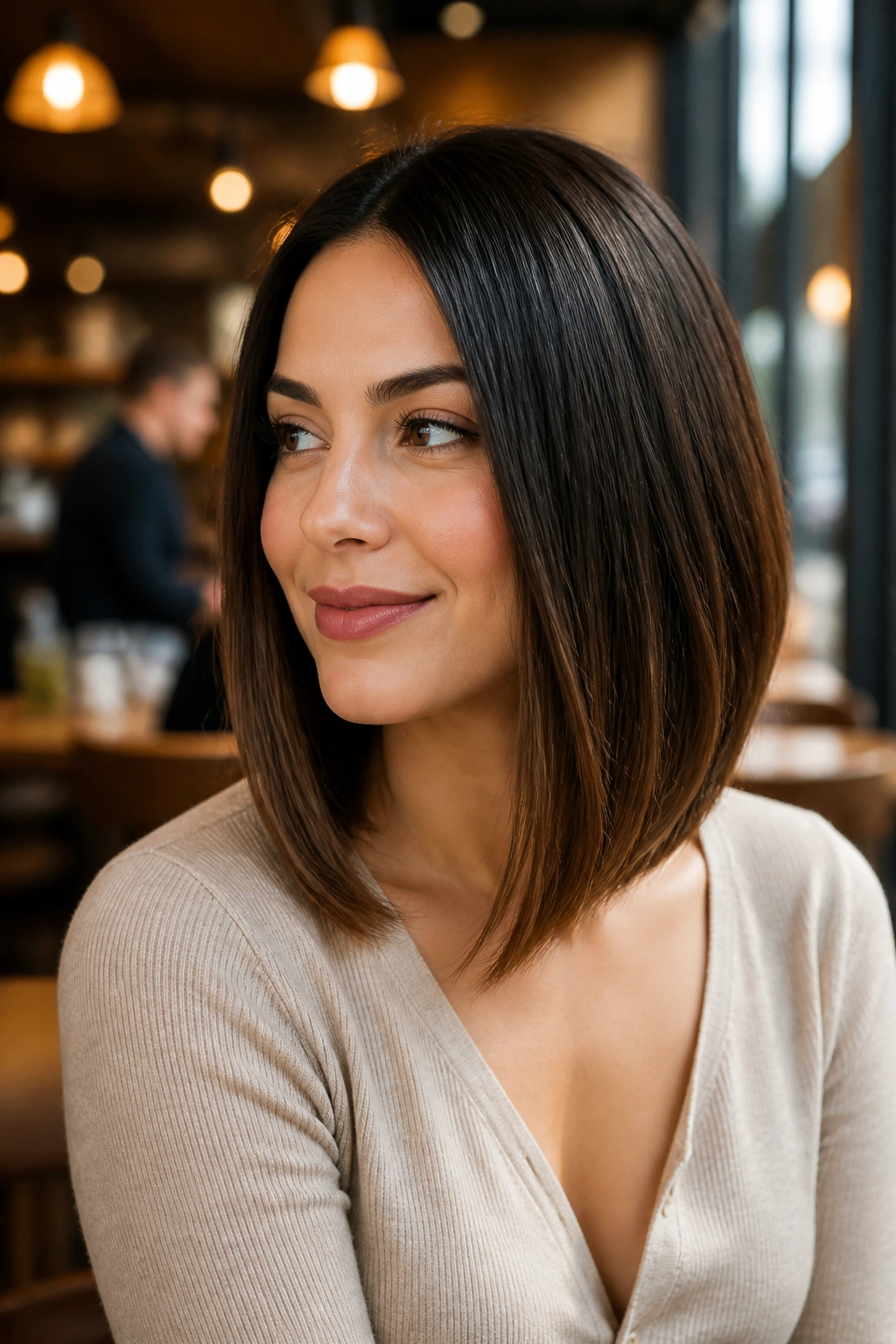 Close-up of real woman with slightly angled lob and longer front pieces in warm daylight