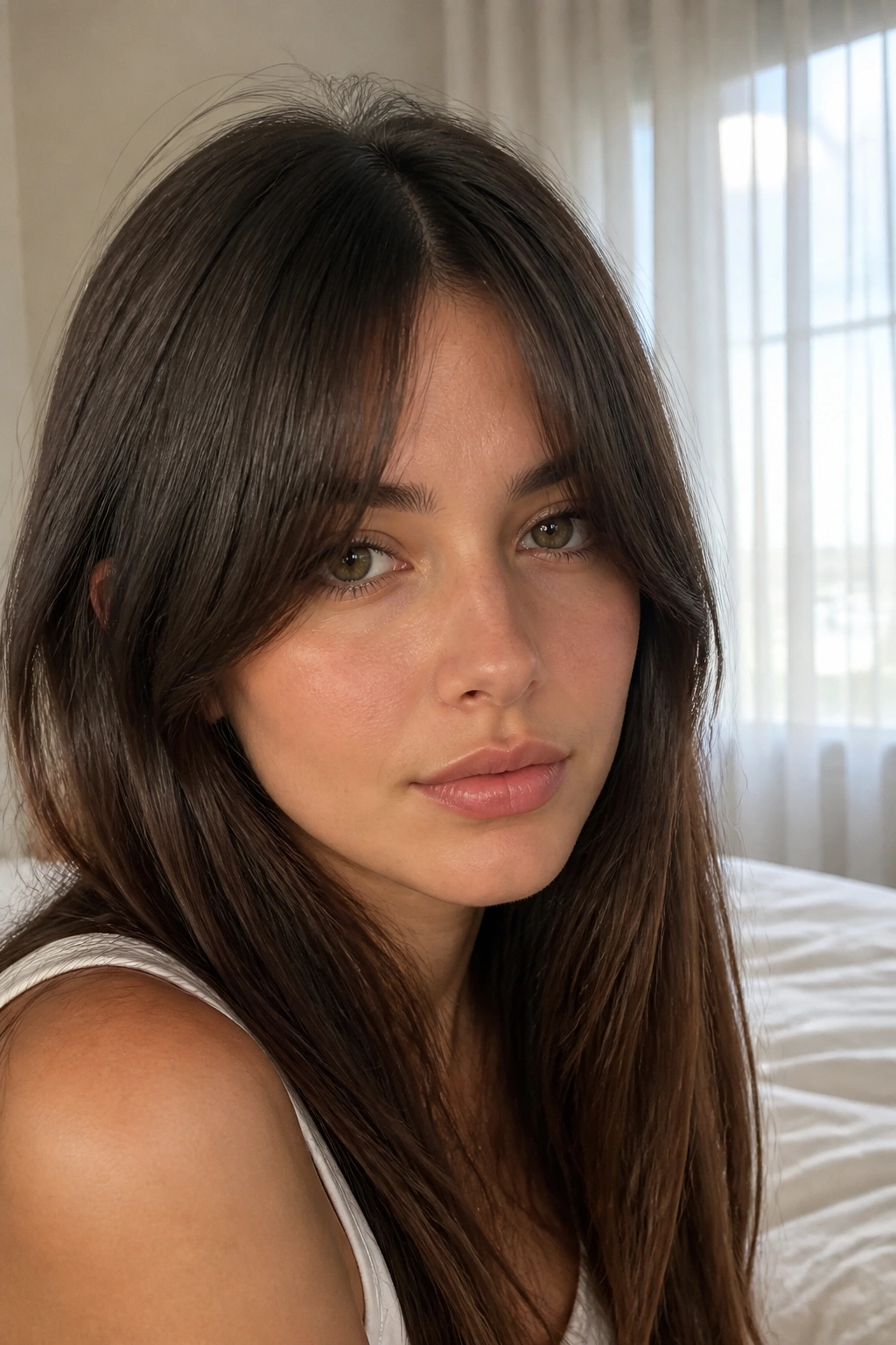 Close-up portrait of a real woman with a slightly arched fringe