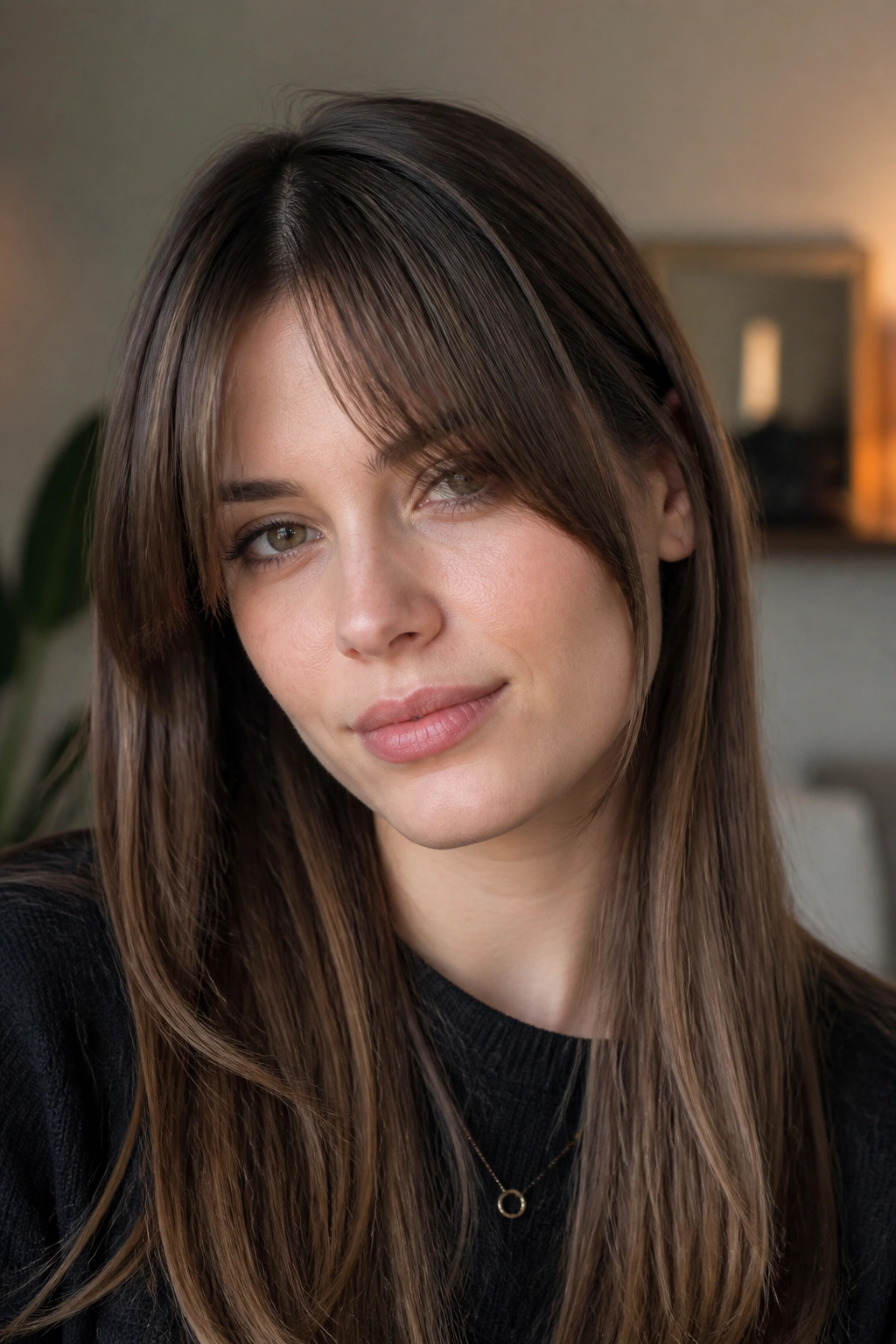 Close-up portrait of a real woman with slightly off-center curtain bangs