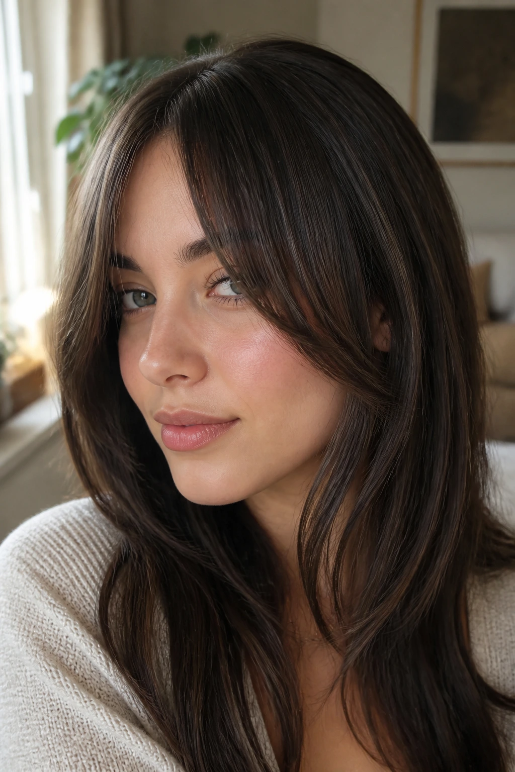 Close-up portrait of a real woman with slit fringe and central peekaboo opening